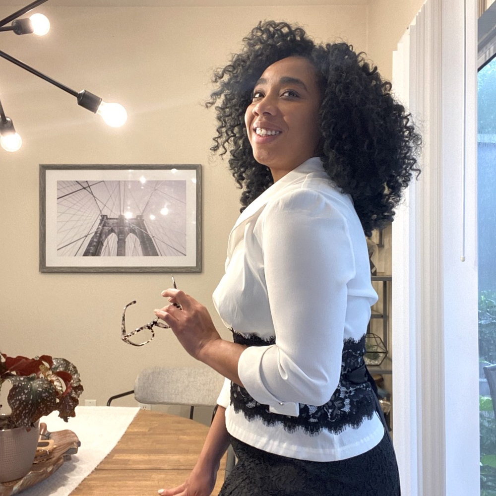 Tadashi Collection, white/black collar business shirt.